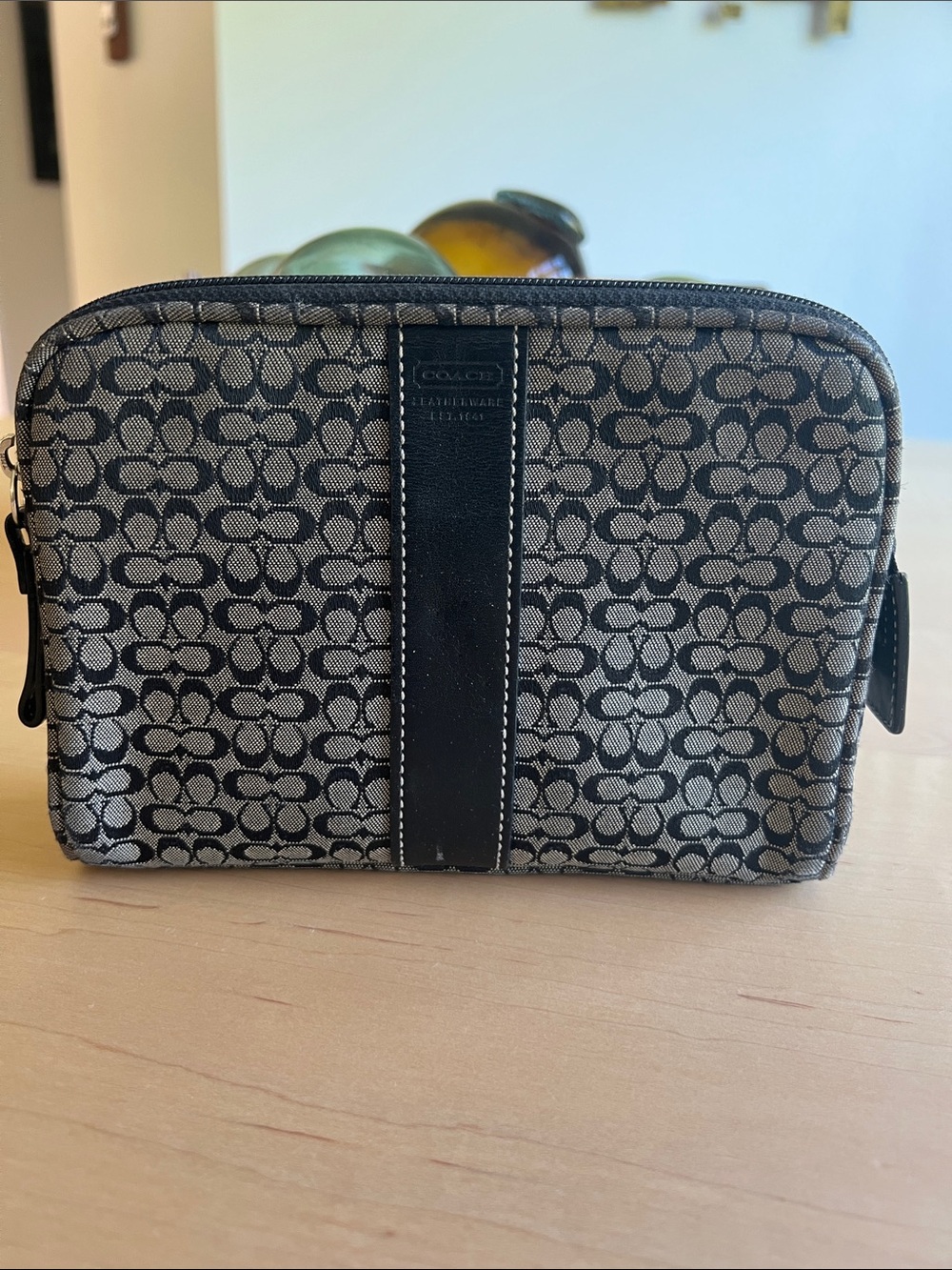 Vintage COACH Monogram Canvas Leather Trim Cosmetic Mini Zip Bag Black